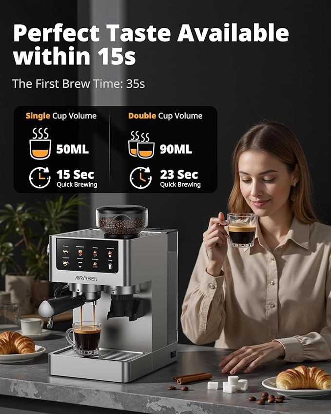 AIRMSEN Espresso Machines with Burr Grinder 20 Bar Milk Frother Steam Wand Stainless Steel Coffee Maker for Home - Cappuccino Latte &amp Cold Brew Iced Coffee Maker &amp Americano