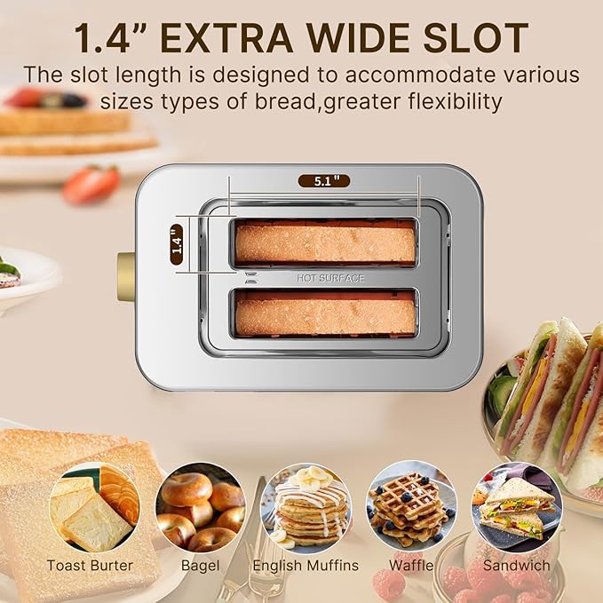 2-Slice Toaster with Touch Control 6 Shade Settings &amp 6 Bread Type 900W Removable Crumb Tray Countdown Display Smart Stainless Steel Design White