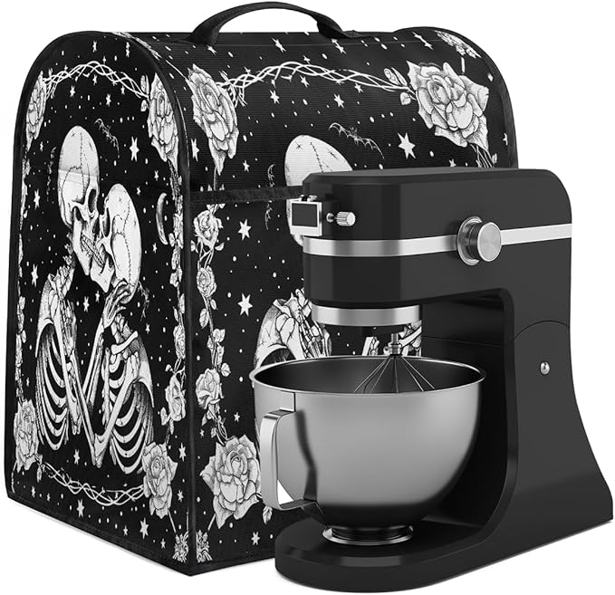 Kitchen Aid Mixer Cover Halloween Flower White Skull Stand Mixer Cover Compatible with 6-8 Quarts Stand Mixers Dust Covers with Zipper Pocket Foldable Washable Kitchen Aid Organizer Bag