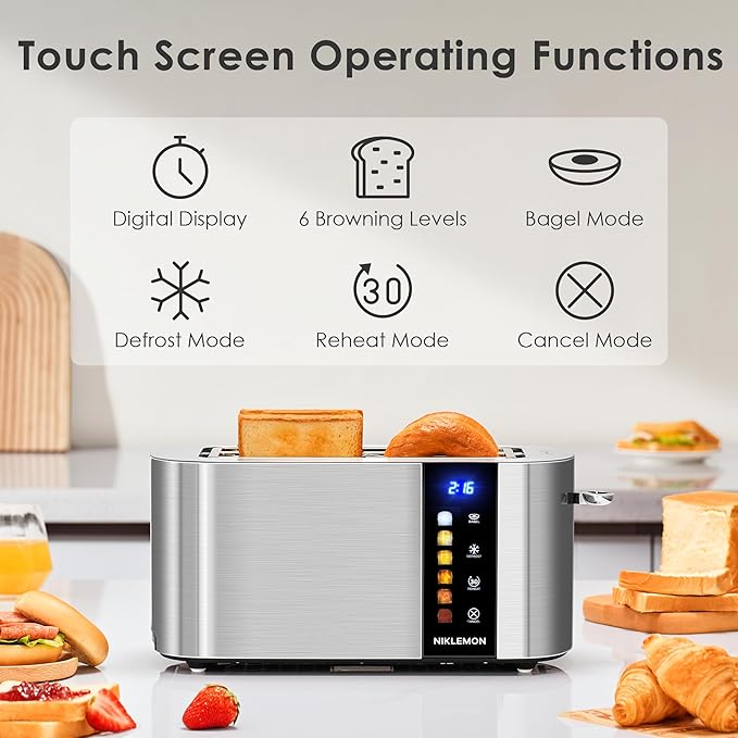 4 Slice Toaster NIKLEMON Full Stainless Steel Toaster with LED Display Touch Buttons with Long Extra Wide Slots Bagel Defrost Reheat Cancel Functions Removable Crumb Tray 1300W
