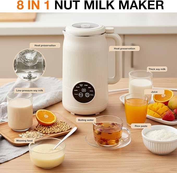 8-IN-1 Nut Milk Maker 40 oz Soy milk Machine Maker Homemade Almond Oat Coconut Plant Based and Dairy Free Beverages Countertop Blender With Delay Start/Keep Warm/Boil Water/Self-Cleaning