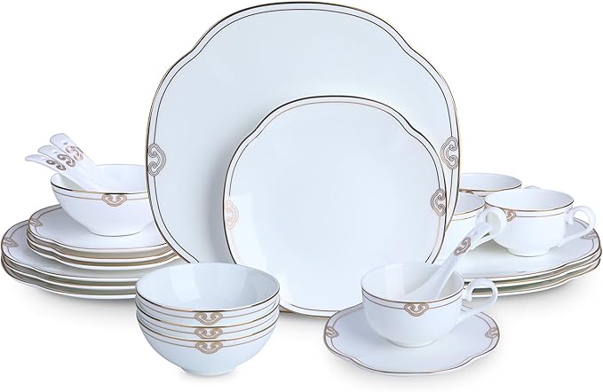 24 Piece Porcelain Dinnerware Set Scalloped Bone china Plates and Bowls Sets for 4 With Double Gold Rim Highly Chip and Crack Resistant | Dishwasher Safe Dishes Set (White &amp Double Gold Rim)