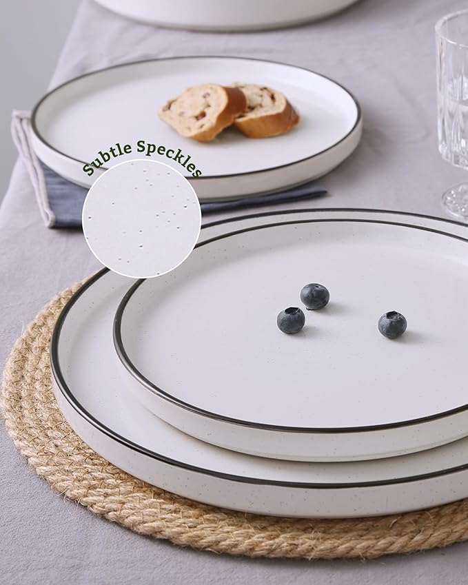Famiware Nebula Plates and Bowls Sets 18 Pieces Dinnerware Sets Dishes Set for 6 White with Black Rim
