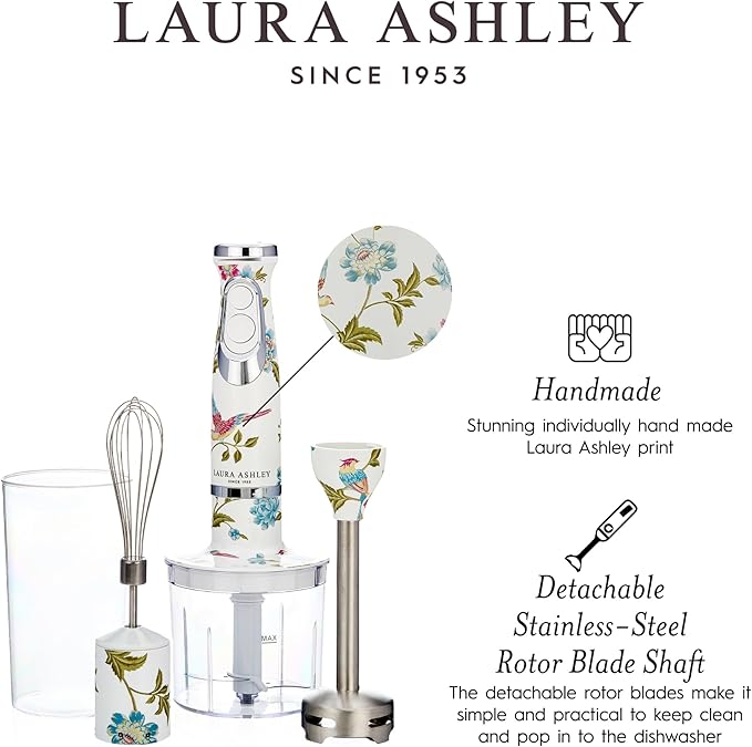 Laura Ashley 150W Immersion Blender Handheld - 4 in 1 Electric Hand Blender for Kitchen with Durable Stainless Steel Blades Whisk &amp 300ml Mixing Pouring Cup - 2 Speed Modes Hand Held Stick Blend