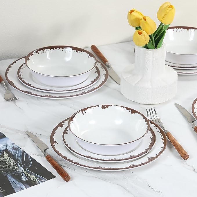 Melamine Dinnerware Set-12 Piece Melamine Plates and Bowls Set for 4Lightweight yet Durable Dish SetCamping/RV Unbreakable Serving Dishes Dishwasher Safe Off White