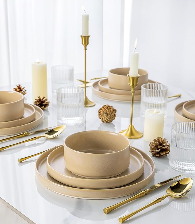 TheTerra Ceramic Dinnerware Sets for 4 12 Pieces Handmade Reactive Glaze Plates and Bowls Set Scratch Resistant Dish Set Oven &amp Microwave &amp Dishwasher Safe Ivory Cream