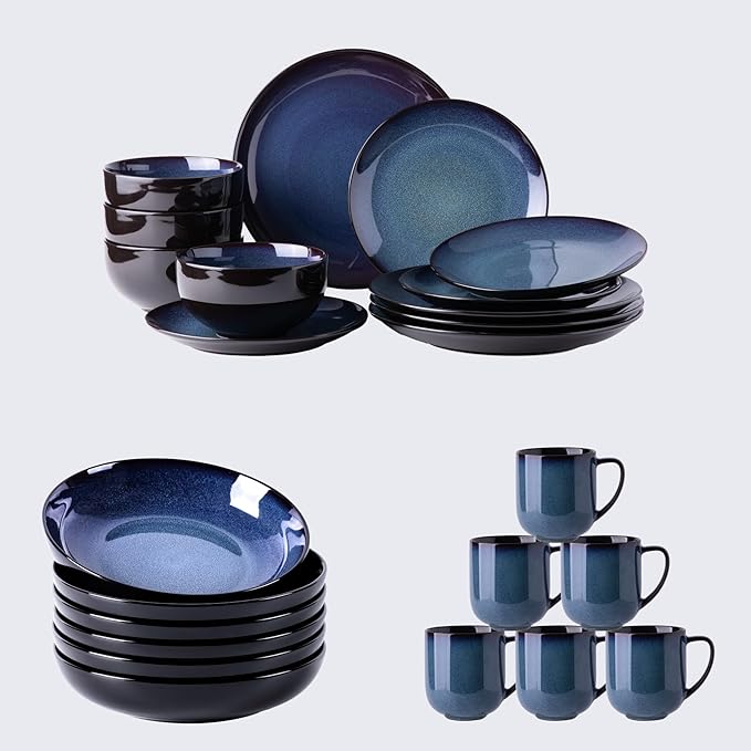 Ceramic Dinnerware Sets of 6Plates and Bowls SetsHandmade Reactive Glaze Dishes SetChip Resistant and Scratch Resistant | Oven&ampDishwasher &amp Microwave Safe-Blue(30PCS)