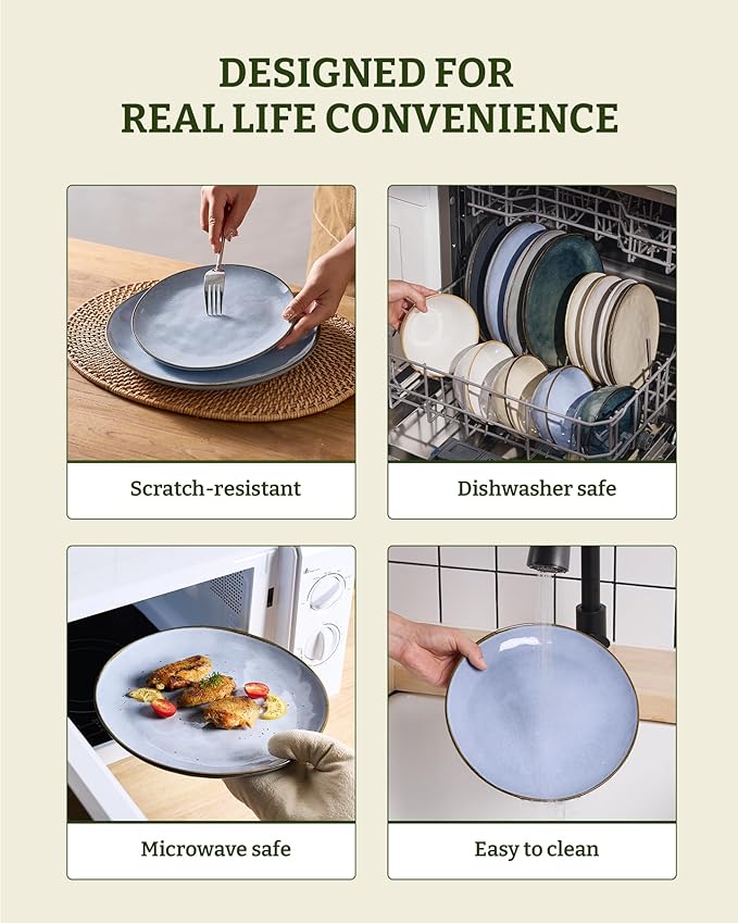 Famiware Dinnerware Sets for 8 Ocean Round 24-Piece Kitchen Plates and Bowls Sets Reactive Glaze Microwave and Dishwasher Safe Scratch Resistant Blue
