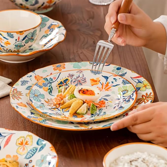 12-Piece Floral Pattern Ceramic Dinnerware Set (Service for 4) - High-Temp Fired Microwave &amp Dishwasher Safe Scratch-Resistant Kitchen Dining Plates Bowls Set