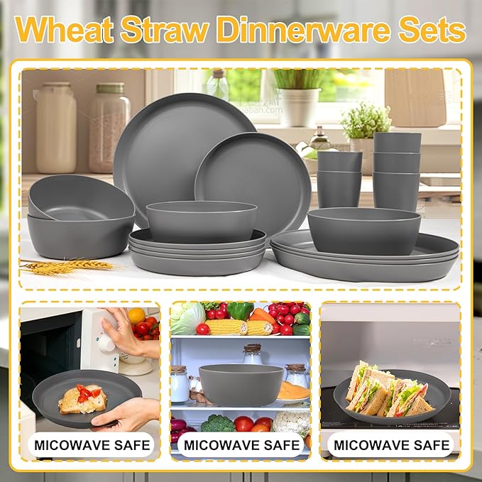 EI 24pcs Wheat Straw Dinnerware SetDark Grey Plates and Bowls SetsUnbreakable Dinner PlatesReuasble Plastic PlateMicrowave Dishwasher Safe for CampingPicnincFamily Dinner