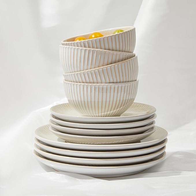 Ceramic Dinnerware Sets for 4 12 Pieces Embossed Stoneware Plates and Bowls Sets Scratch Resistant Dish Sets Distinctive Granulated Surface Housewarming Wedding Gift Brown