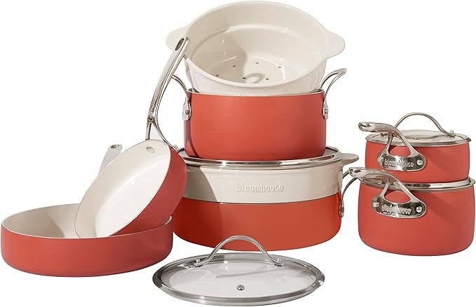 Bloomhouse - Two Time Oprah's Favorite Things Winner - 12 Piece Aluminum Pots and Pans Cookware Set w/Non-toxic Ceramic Non-stick Ceramic Steamer Insert &amp 12 Protective Care Bags - Terracotta Ora