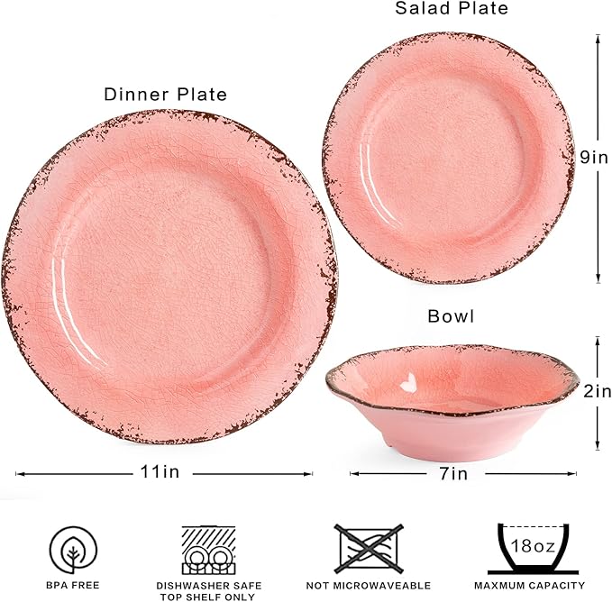 LEHAHA Melamine Dinnerware Sets Farmhouse Dinnerware Set Camping Dishes Set BPA free and Lightweight Durable Outdoor Plates and Bowls Set Service for 4 (12 piece) (Pink)