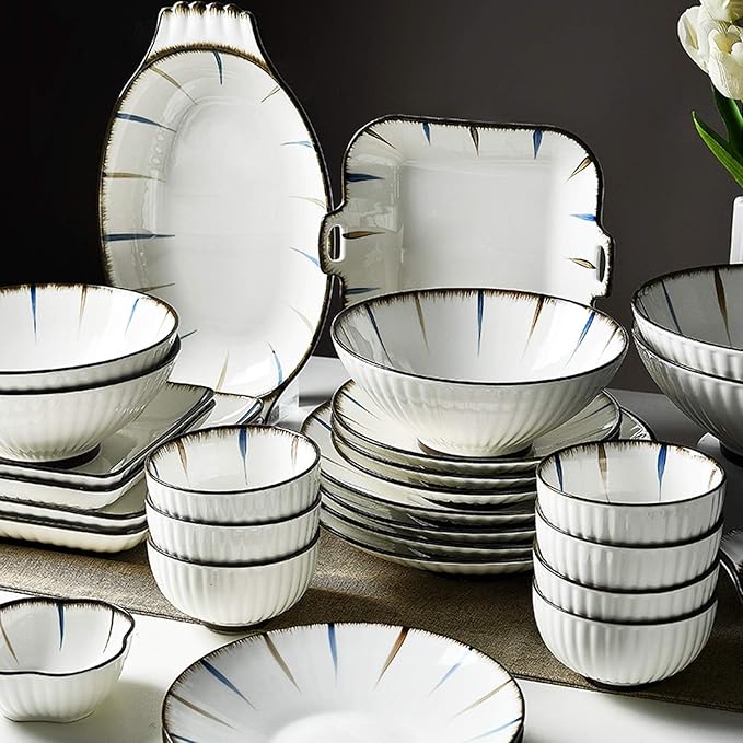 New Dinnerware Sets Ceramics Dinner Sets 31 Pieces -Style Dinnerware Set | Stripe Porcelain Cereal Bowl and Steak Plate for Restaurant and Family Gathering