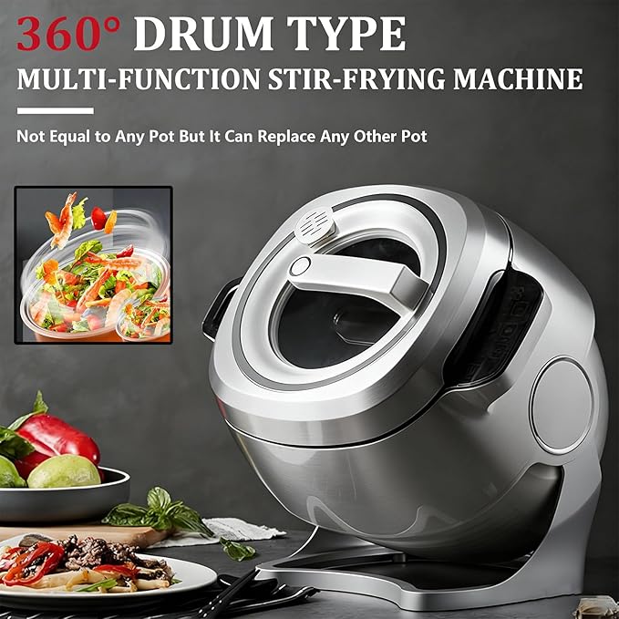 Automatic Cooking Machine Lazy Stir-Fry Pan Cooking Machine with 3 Gears Speed &amp 6L Capacity 360° Rotatable Drum Type Fried Rice Machine for Stir Frying Stewing Cooking 110V