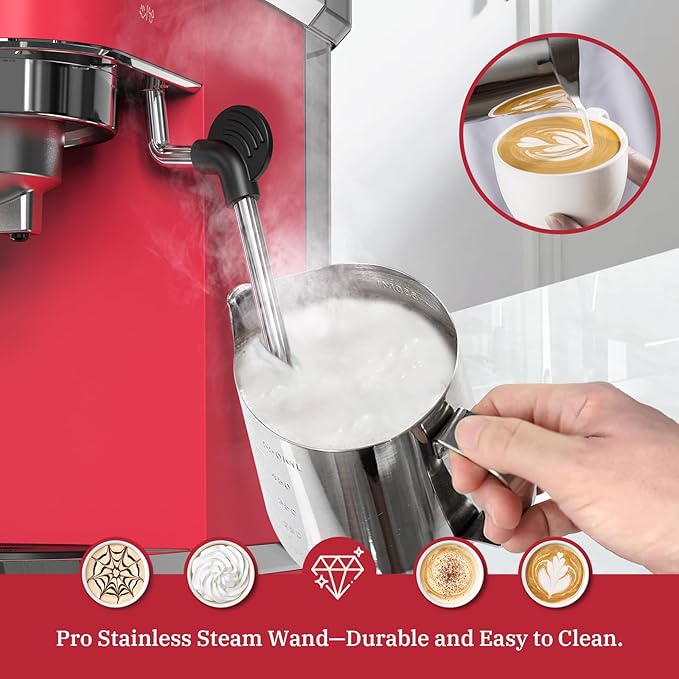 Espresso Machine 20 Bar Professional Espresso Maker with Milk Frother Steam Wand Compact Coffee Machine with Removable Water Tank for Cappuccino Latte Gift for Dad or Mom Stainless Steel Red
