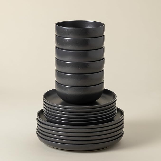 Casafina 18-Piece Stoneware Place Setting Service for 6 with Cereal Bowls - Pacifica Collection Seed Grey Microwave &amp Dishwasher Safe