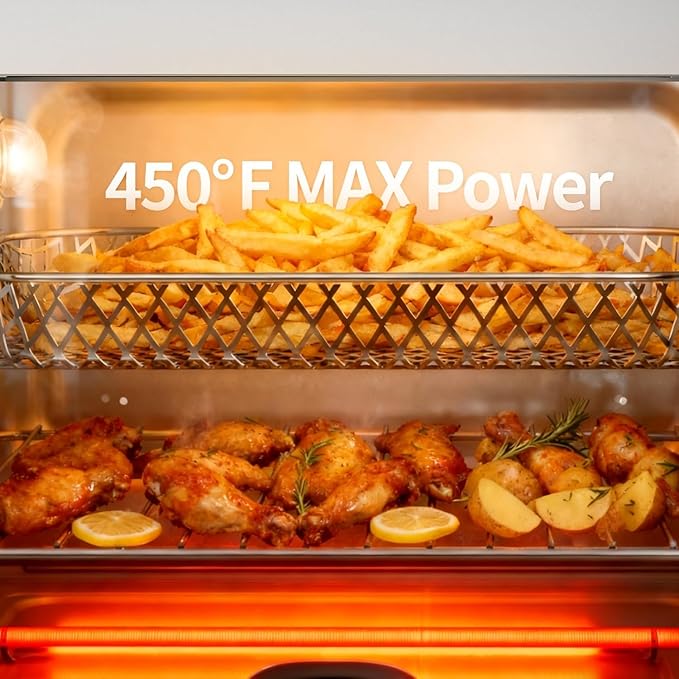 18QT Air Fryer Toaster Oven Combo12-in-1 Large Convection Airfryer Oven with 70–450℉ Temperature Control &amp 60-Minute TimerRoast &amp Broil Fits 8-10″ PizzaStainless Steel (Silver)