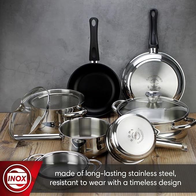 MAGEFESA IDEAL 11-Piece Cookware Set: 2 Stockpots 2 Saucepans 2 Mini Sauté Pans 2 Skillets Mesh Strainer Stainless Steel All Stovetops (Incl. Induction) Dishwasher Safe
