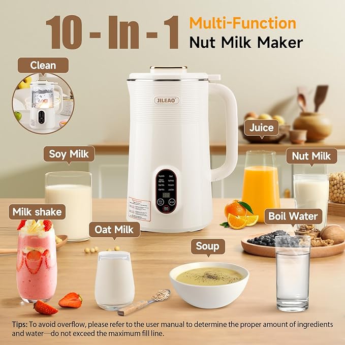 10 in 1 Almond Milk Maker &amp Nut Milk Maker Machine 35oz Automatic Soy Oat Coconut Milk Juice &amp Porridge Maker with 8 Blades Delay Start Keep Warm Boil Water Self-Cleaning Cream