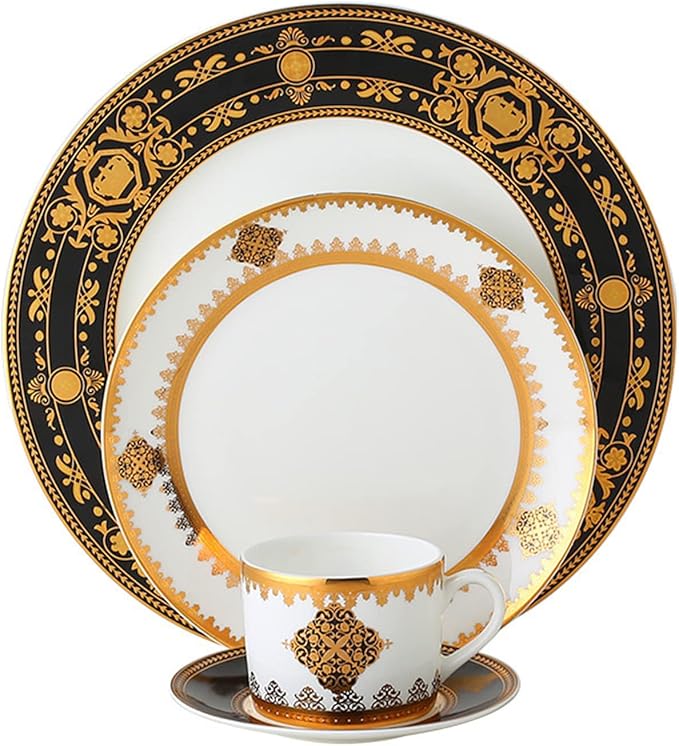 24 Piece Dinnerware Sets for 6 Bone China dishes set with Dinner Plate coffee cups and saucersScratch Resistant Dishwasher Safegold