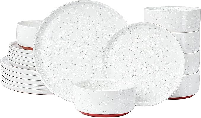 GZG Modern Art Series - 18 Pcs Speckled Stoneware Plates and Bowls Sets Ceramic Dinnerware Set with Rustic Terracotta Underside Microwave and Dishwasher Safe Handcrafted Dishes Set - Porcelain White