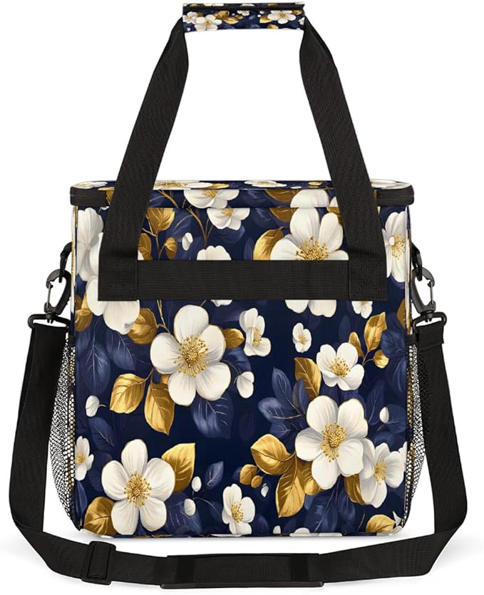 White Flowers Golden Leaves Coffee Maker Carring Bag Travel Carrying Storage Tote Bag Compatible with Keurig K-Mini or K-Mini Plus Portable Single Serve Coffee Brewer Case with Pockets for K-cup Pods