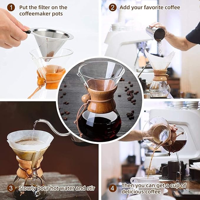 AYNEFY Pour Over Coffee Maker 400ml Double Layer Filter V Spout Wooden Sleeve Coffee Brewer Coffee Pot Borosilicate Glass Carafe Drip Coffee Maker for Home Cafe Party