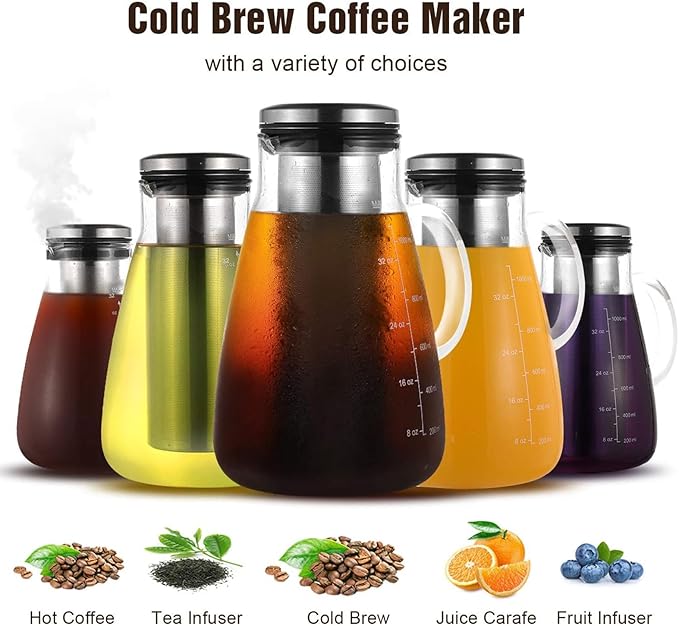 Cold Brew Iced Coffee Maker 34oz Brewed Coffee Pot with Removable Double Mesh 304 Stainless Steel Filter BPA-Free Cold Brew Pitcher Glass Container Tea Maker