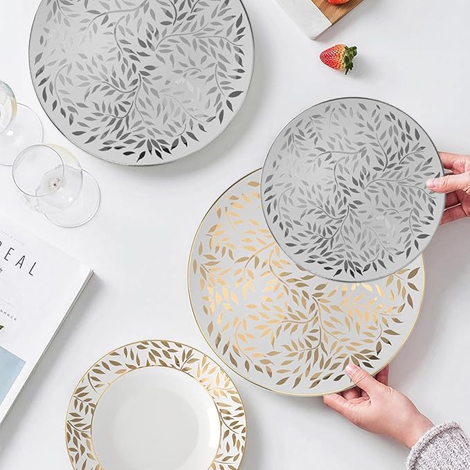 Bone china dinnerware set for 2 Plates set with dessert plates (6.5&amp8 inch) and dinner steak plate(10.5&amp12 inch) dishes set for home and kitchen Oval pattern series