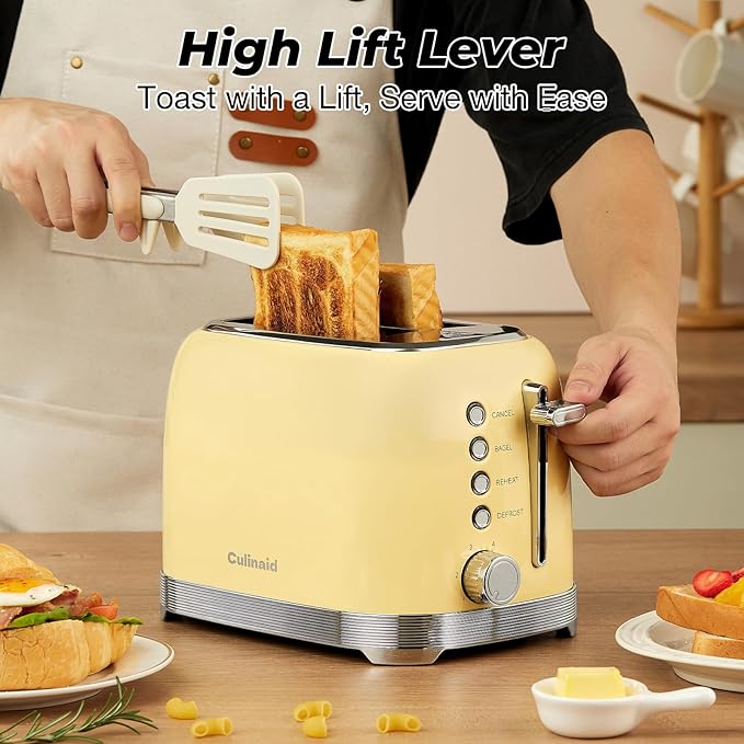 Toaster 2 Slice Retro Stainless Steel with 1.5” Extra Wide Slots Bagel Defrost Reheat Cancel Functions 6 Bread Shade Settings Removable Crumb Tray Yellow