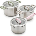BK Twisting by Greenlife Stainless Steel 6 Piece Locking Lid Cookware Set Built in Strainer Induction Pots &amp Pans Drip-Free Pour Spouts Silicone Handles Saucepan Stock Pot Dishwasher Safe