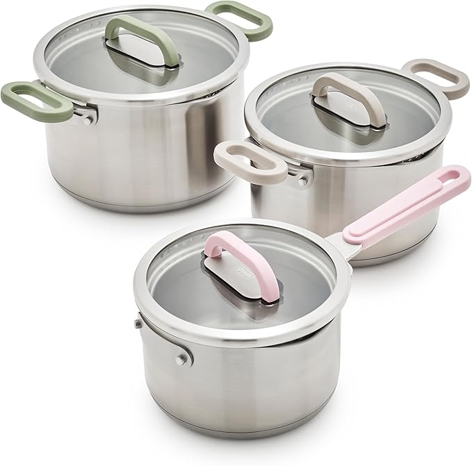 BK Twisting by Greenlife Stainless Steel 6 Piece Locking Lid Cookware Set Built in Strainer Induction Pots &amp Pans Drip-Free Pour Spouts Silicone Handles Saucepan Stock Pot Dishwasher Safe