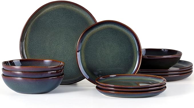 Vesteel Dinnerware Set for 4 12 Pieces Premium Stoneware Plates and Bowls Set Handmade Reactive Glaze Dishes for Home Chip &amp Scratch Resistant Microwave and Dishwasher Safe - Forest Green