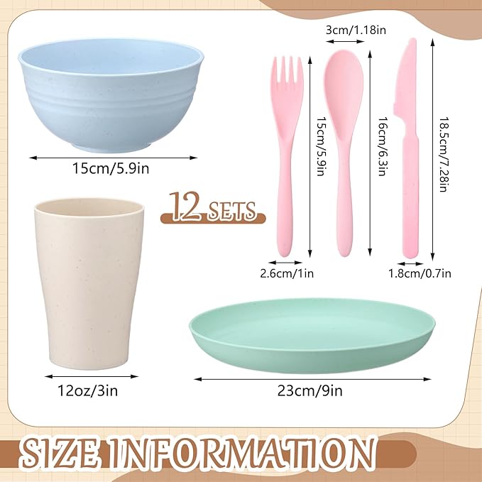 Zhehao 72 Pcs Wheat Straw Dinnerware Sets for 12 Dishwasher Microwave Safe Unbreakable Reusable Kitchen Cups Plates Bowls Cultery Sets for Patio Outdoors Rv Camping Dishes
