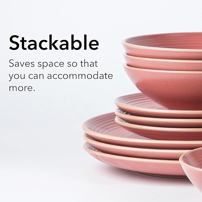RINGAR Round Stoneware 16pc Double Bowl Dinnerware Set for 4 Dinner Plates Side Plates Cereal Bowls Pasta Bowls - Speckle Matte Red (395438)