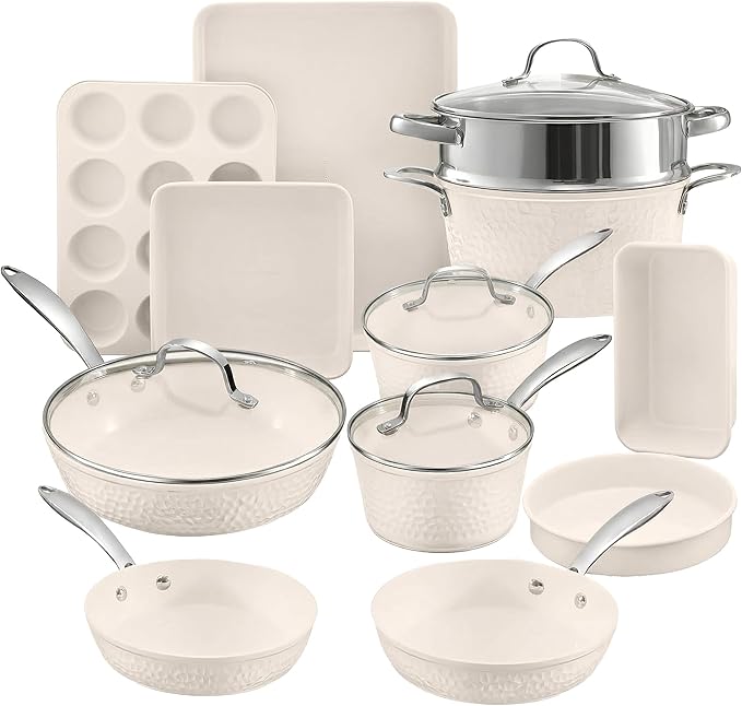 Gotham Steel Hammered 15Pcs Ceramic Cookware Set Nonstick Induction Pots and Pans Set Non Stick with Bakeware Set &amp Steamer for Cooking Non Toxic PFOA PFOS Free Oven &amp Dishwasher Safe Crea