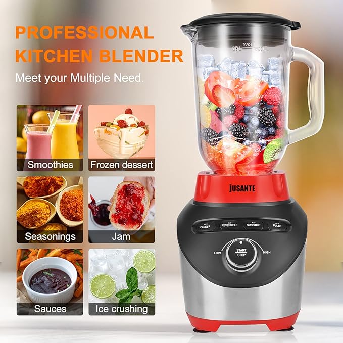 Blender Countertop Blender for Smoothies with 64 oz Glass Jar Kitchen 1200 Watts High Speed Juicer Blender Ice Crusher for Shakes Frozen Drinks (Red)