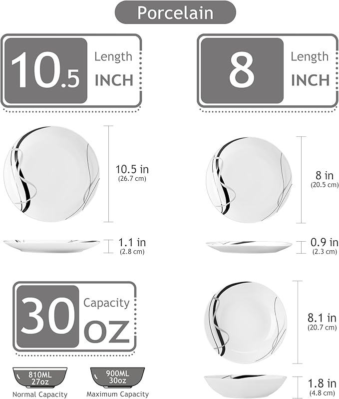 VEWEET Porcelain Dinnerware Sets for 6 18 Pieces Plates and Bowls Set with Black and Grey Ribbon Lines Dishes Set Dining Ware for Dinner Microwave and Dishwasher Safe Series FIONA