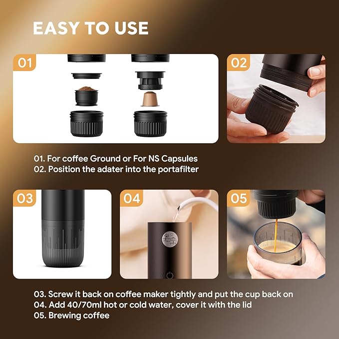 Portable 2-in-1 Coffee Maker Portable 20 Bar Espresso Machine with Automatic Heating Compatible with NS and Ground Coffee for Camping Hiking Travel and Home (Black)