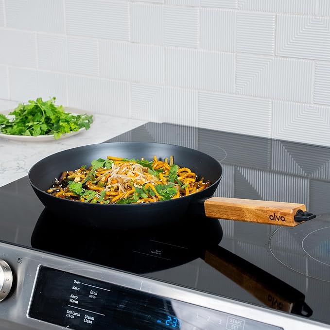 Alva Forest 8 &amp 11 Carbon Steel Frying Pan Set – Naturally Nonstick Pre-Seasoned Skillet Acacia Wood Handle Toxic Free (No PTFE/PFOA) Induction &amp All-Stovetop Safe Lightweight &amp Dura
