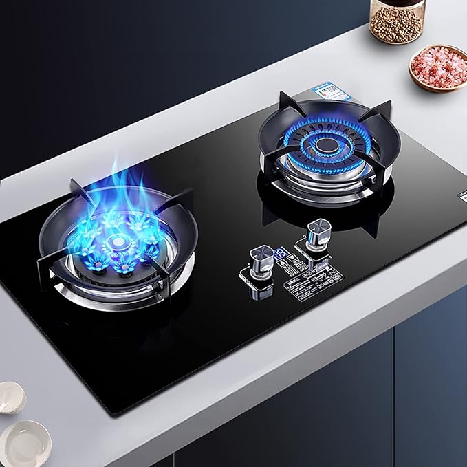 Drop-In Gas Stove Top 2 Burner Tempered Glass Gas Cooktop Home Kitchen Built-In Gas Cooker 0-180 Minutes Timer Easy To Clean Black