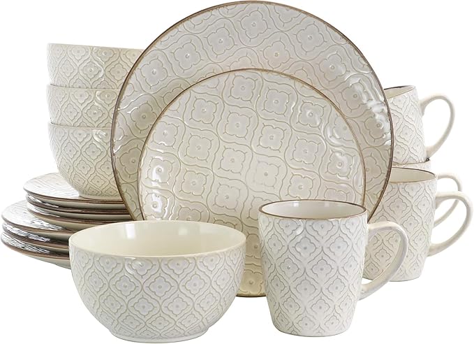 16 Piece Stoneware Dinnerware Set – Off-White Ogee Pattern Microwave &amp Dishwasher Safe Plates Bowls and Mugs