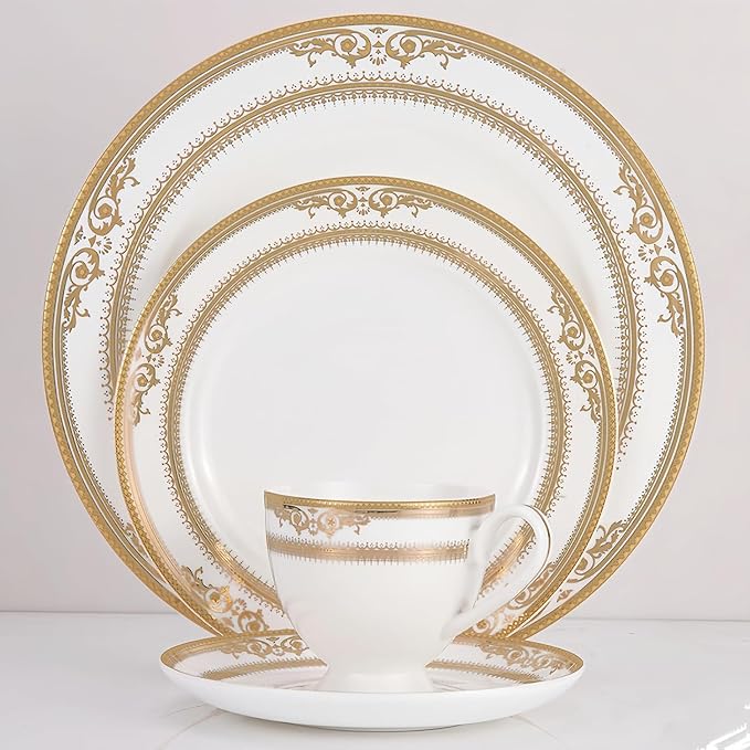 32 Piece Dinnerware Sets Round Dinner Plate Scratch ResistantOven Dishwasher Safe gold line bone china dinnerware set for homegift for mother and wife