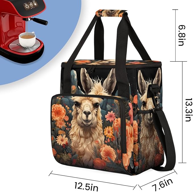 Alpaca Floral Coffee Maker Carrying Bag Portable Travel Storage Tote Bag Compatible with K-Mini or K-Mini Plus Single Serve Coffee Brewer Carrying Case with Multiple Pockets &amp Shoulder Strap