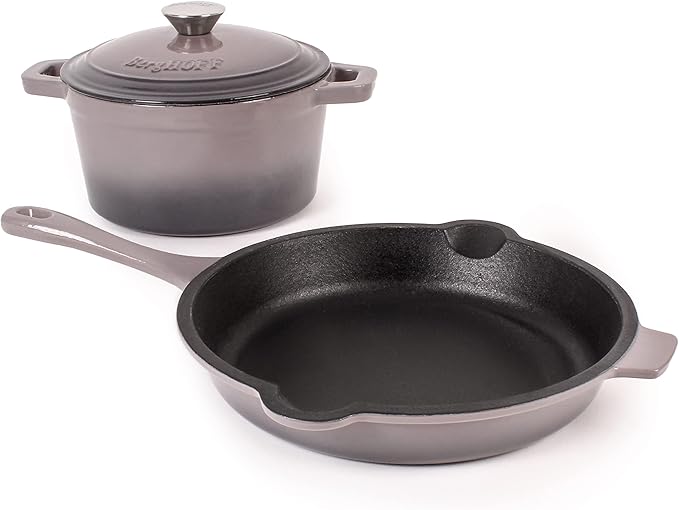BergHOFF 3Pc Neo Enameled Cast Iron Cookware Set 3qt. Dutch Oven Matching Lid Fry Pan 10 Inches Oven Safe Up To 400°F Oyster