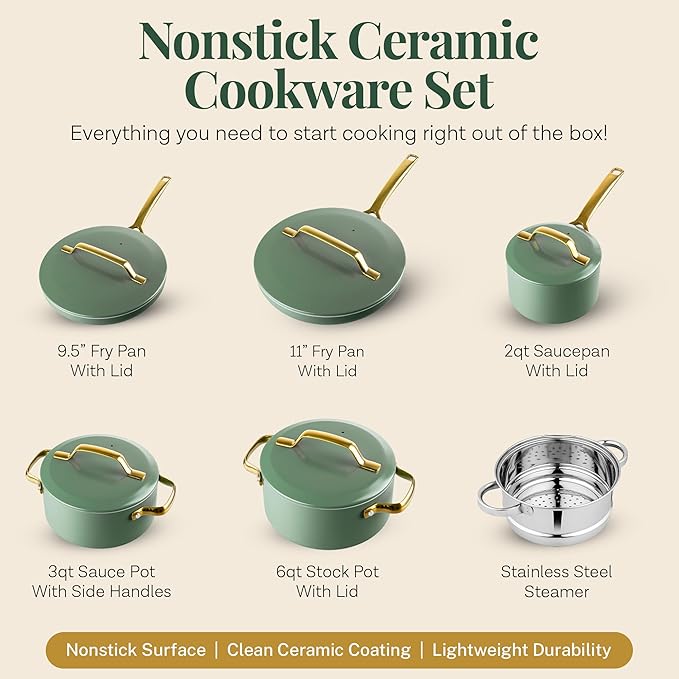 Gotham Steel Modern 11 Pc Ceramic Cookware Set Elegantly Designed Pots and Pans Set Non Stick with Steamer Induction Bottom Premium Stay Cool Handles Non Toxic PFOA Free Oven &amp Dishwasher Saf