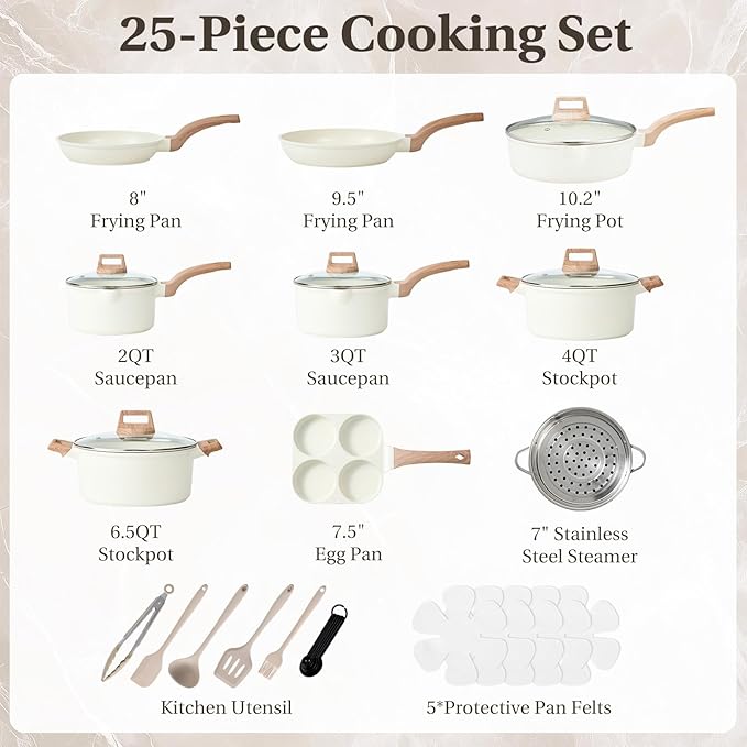 NEWBULIG Nonstick Cookware Set Granite Pots and Pans with Lids Induction Non Stick Cooking Set w/Frying Pans &amp Saucepans 25-Piece/Set Beige