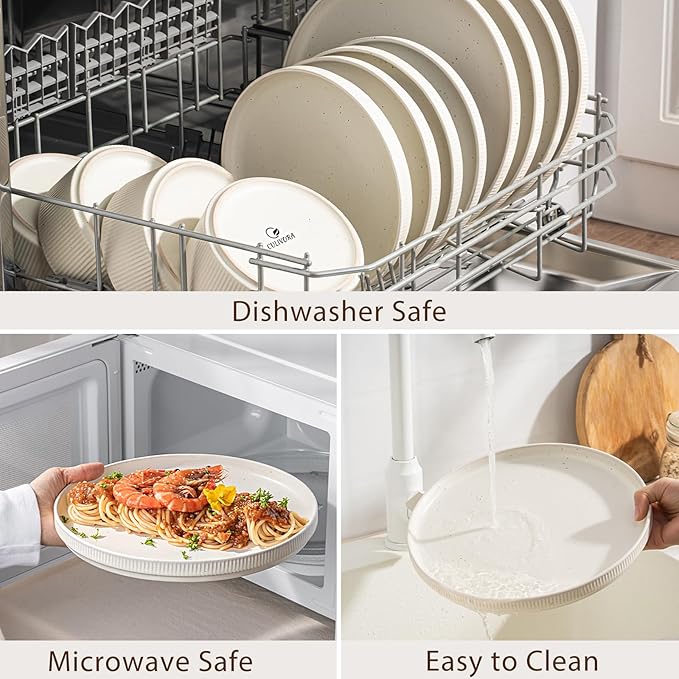 Ceramic Dinnerware Sets for 4-12 Piese Plates and Bowls Set Microwave and Dishwasher Safe Stoneware Ribbed Dishes and 22oz bowls Speckled White