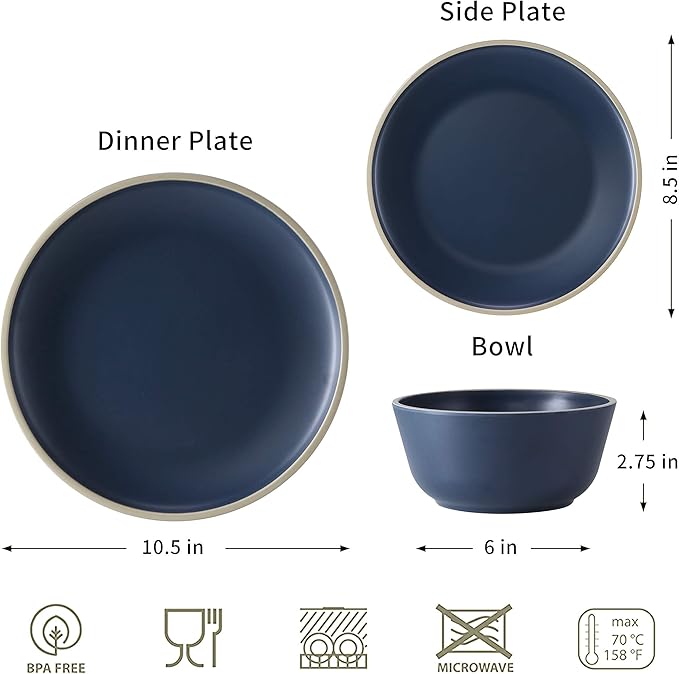 Melamine Dinnerware Sets for 4 Plates and Bowls Sets 12 Pcs Melamine Plates Nautical Dinnerware Sets Modern StyleDishwasher Safe BPA Free Suitable Indoor and Outdoor Use (Deep Blue)